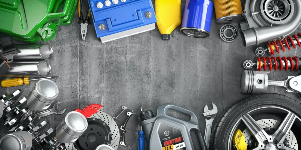 Car parts, spares and accesoires. Auto service and car repair workshop concept.